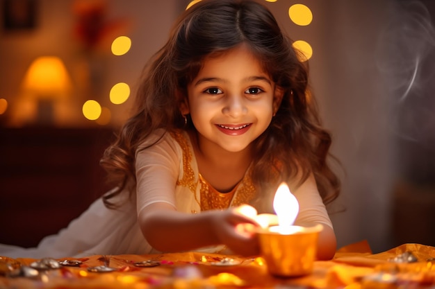 Indian girl arranging diyas during diwali festival