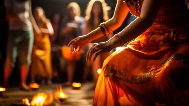 Foto ragazza indiana che organizza diyas durante il festival di diwali