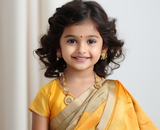 사진 왕실 실크 사리 를 입은 인도 소녀 우아 한 문화 와 따뜻 한 미소