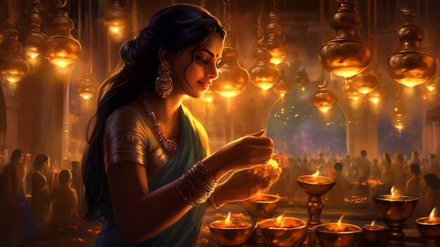 Indian girl lighting lamps for diwali festival 3d illustration generative ai