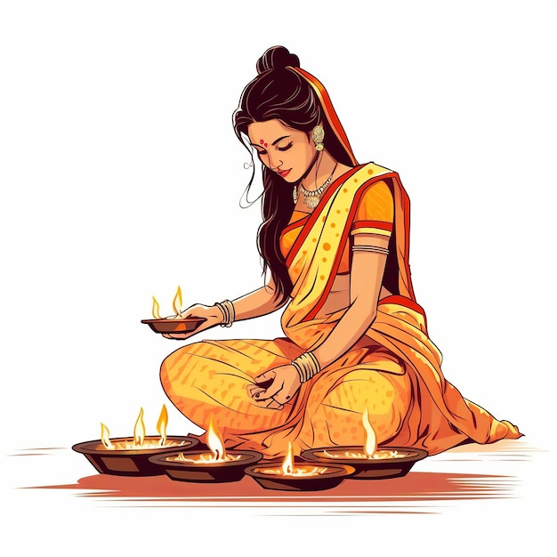 Indian girl lighting lamps for Diwali festival 3d illustration Generative Ai