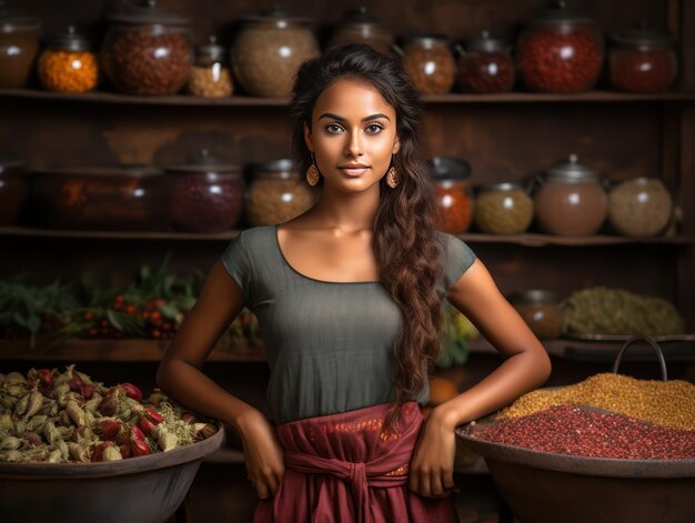 Indian Girl Savoring Food at Market on White Background