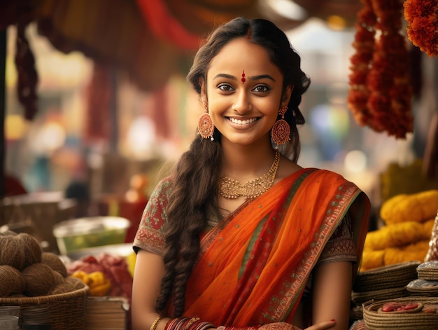 Indian girl at a street market with traditional crafts on a white background