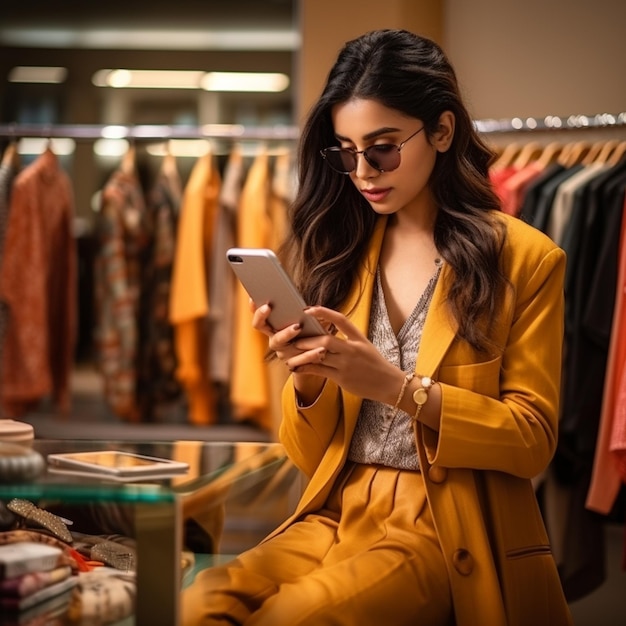 indian girl watching clothes at store watching mobile black glasses wearing yellow dress