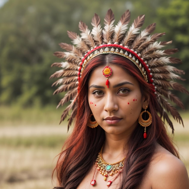 Индийская девушка с красным головным убором и красным головном убором смотрит в камеру