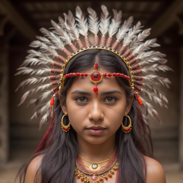 An Indian girl with a red headdress and a red headdress is looking at the camera