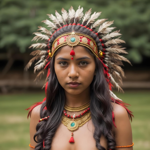 An Indian girl with a red headdress and a red headdress is looking at the camera