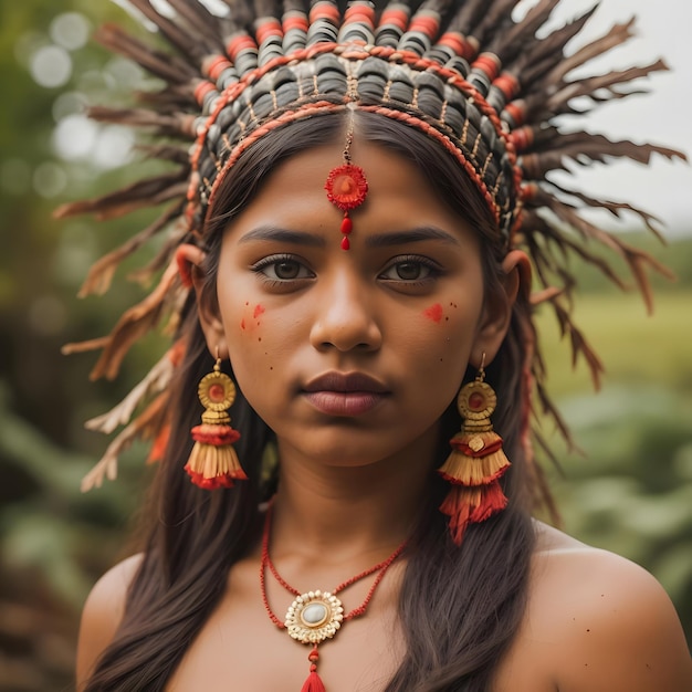 An Indian girl with a red headdress and a red headdress is looking at the camera