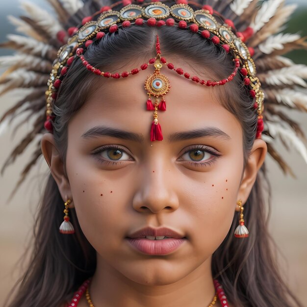 An Indian girl with a red headdress and a red headdress is looking at the camera