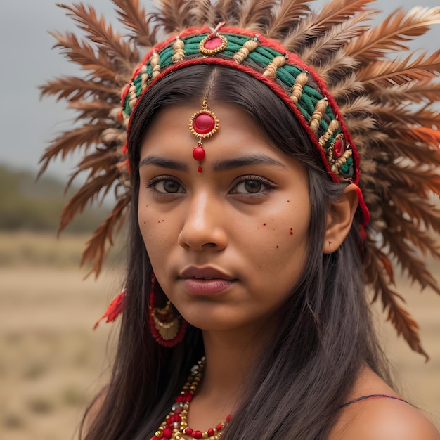 An Indian girl with a red headdress and a red headdress is looking at the camera