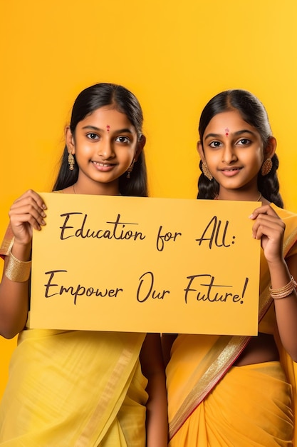 Indian girls in sari with sign education for all empower our future generative ai image