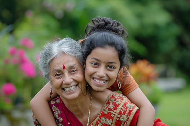Foto nonna indiana che fa cavalcare sua nipote sullo sfondo in stile bokeh