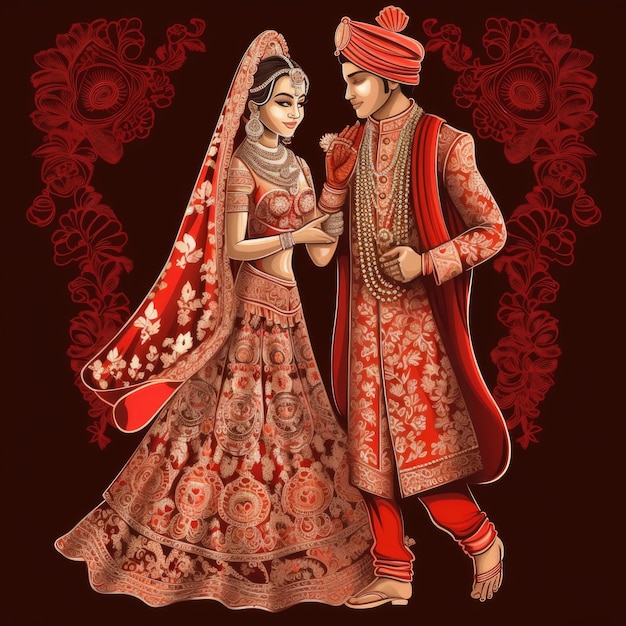 Indian groom and bride in red traditional wedding dress