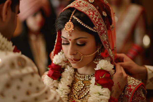 Photo indian groom tying mangal sutra around bride neck wedding ceremony