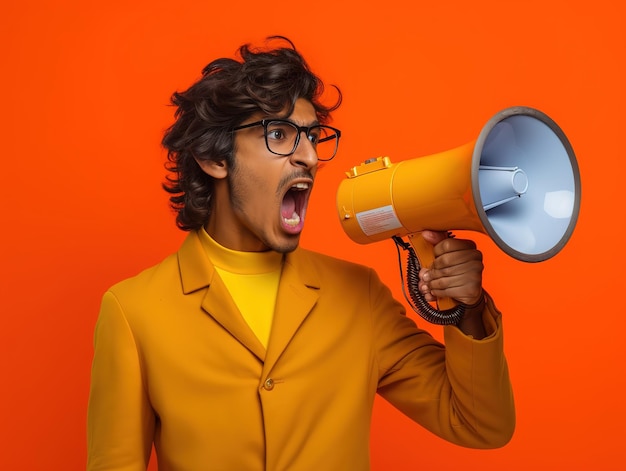 Indian guy shouting loud holding a megaphone