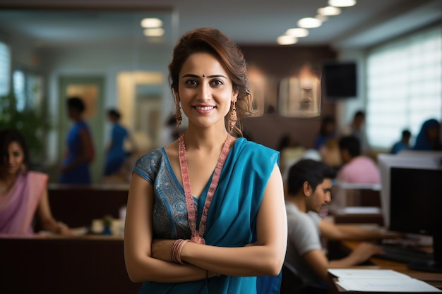 Индийский счастливый сотрудник банка смотрит в камеру, стоя в офисе