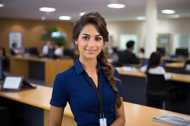 Indian happy bank employee looking at camera while standing in office