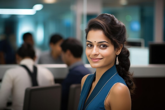Indian happy bank employee looking at camera while standing in office
