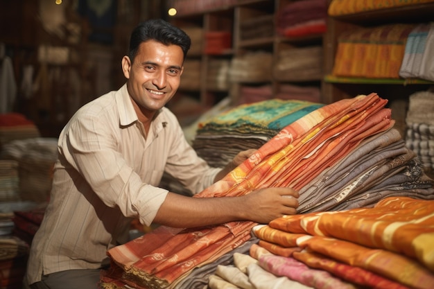 インドの幸せな布商人または布店主が店に座り、カメラを見ている