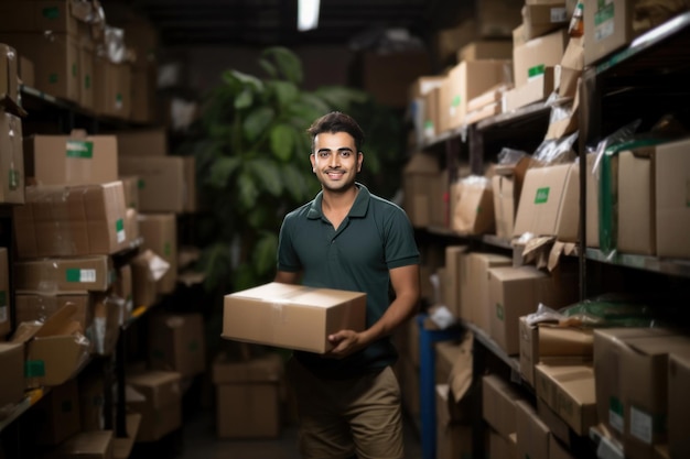 Indian happy delivery man standing with box to be delivered