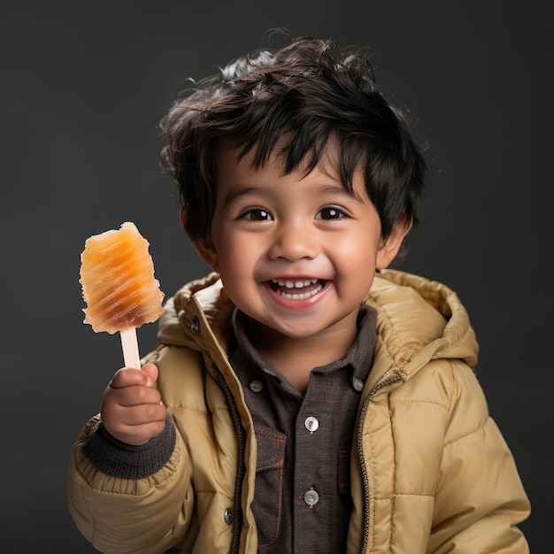 アイスクリームを食べるインドの幸せな子供