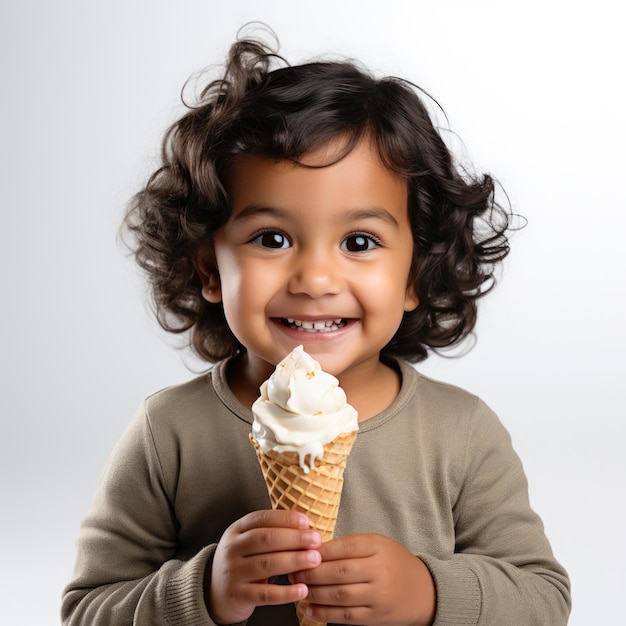 アイスクリームを食べるインドの幸せな子供