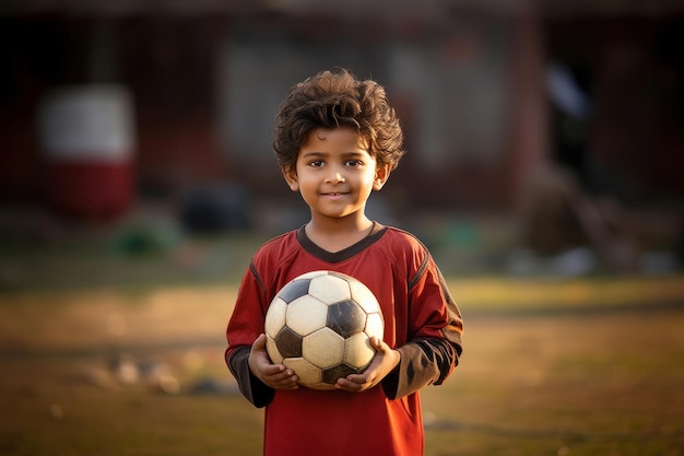 인도 의 행복 한 아이 가 야외 에서 축구 를 치거나 축구 를 들고 있다