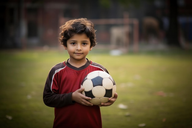 Indian happy kid playing soccer or holding football outdoors