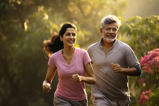 インド人の幸せな上級夫婦がジョギングしたり公園で散歩したりしています