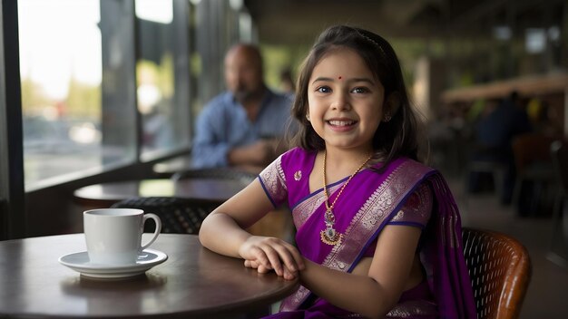 Indian hindu girl at traditional violet saree sitting at cafe table
