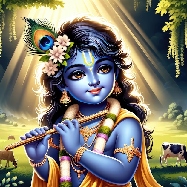 Photo indian hindu god lord krishna beautiful realistic portarit design hd