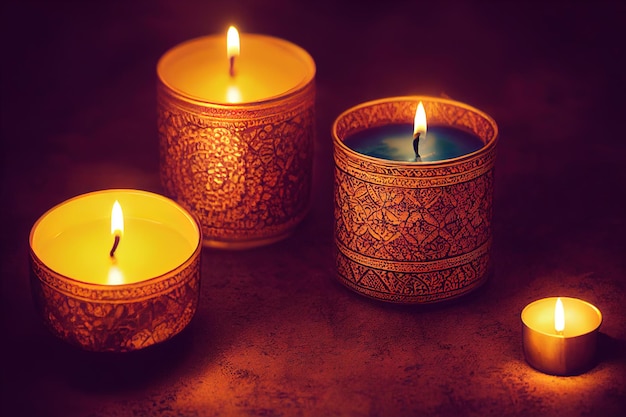 어두운 배경에 불이 붙은 인도 힌두교 디왈리 축제 촛불