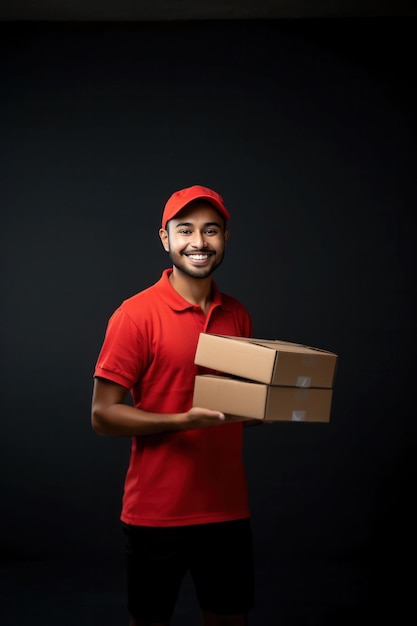 Индийская девушка с доставкой на дом держит посылку, коробку или посылку, которую нужно доставить