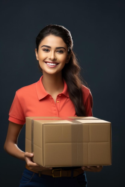 Indian home delivery Girl holding Parcel or box or package to be delivered