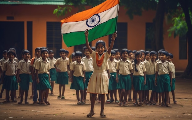 Indian Independence Day Celebration at School Kids with Flags Illustration