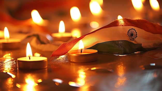 Foto giornata dell'indipendenza indiana bandiera indiana insieme a candele accese