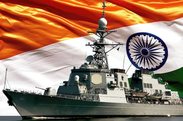 Photo indian independence day modern warship against the background of the indian flag