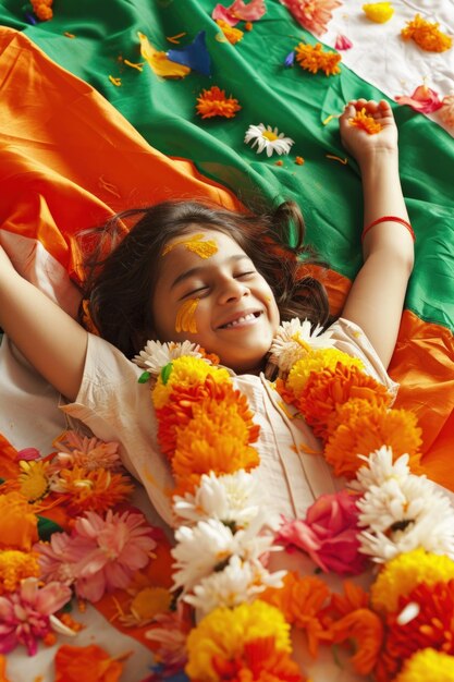 Indian Independence Day Portrait of a happy Indian girl lying in the colors of the flag of India