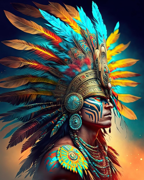 インディアン・ヒスパニック・トライブ (Indian Hispanic Tribe) 色とりどりの羽毛のヘッドドレス (Headdress) を身に着けている