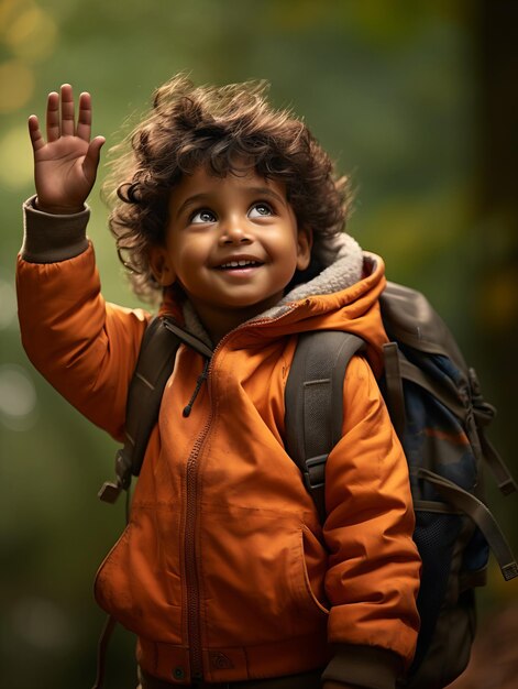 Indian kid in playful emontional dynamic pose on autumn background