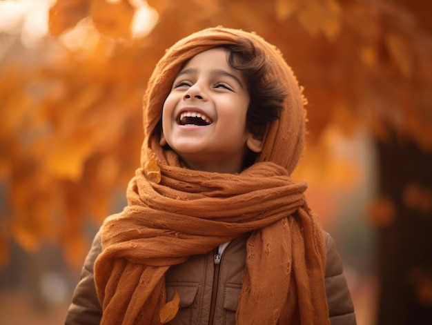Индийский ребенок в игривой эмоциональной динамичной позе на осеннем фоне