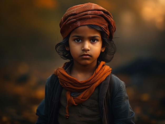 Indian kid in playful emontional dynamic pose on autumn background