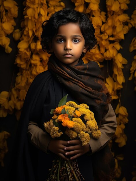 Indian kid in playful emontional dynamic pose on autumn background