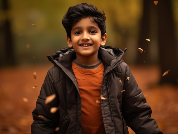 Indian kid in playful emontional dynamic pose on autumn background