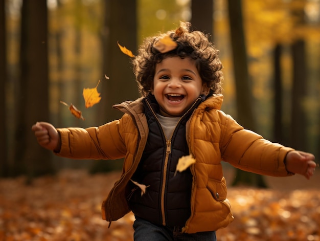 Indian kid in playful emontional dynamic pose on autumn background