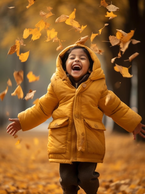 Indian kid in playful emontional dynamic pose on autumn background