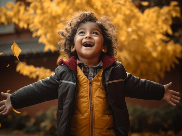 Indian kid in playful emontional dynamic pose on autumn background