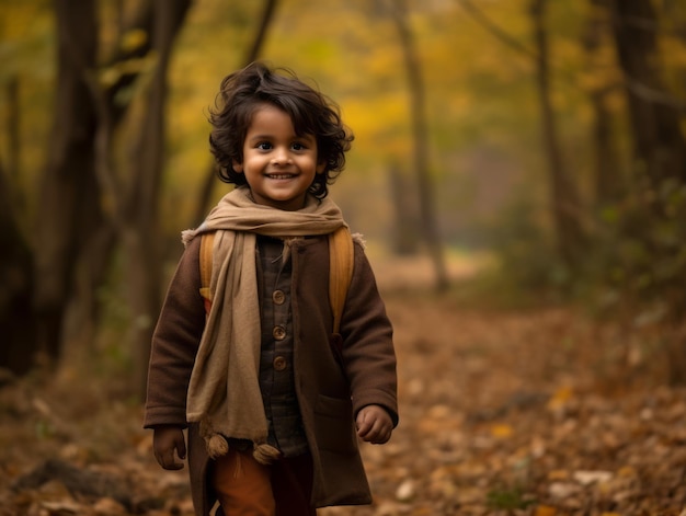 Indian kid in playful emontional dynamic pose on autumn background