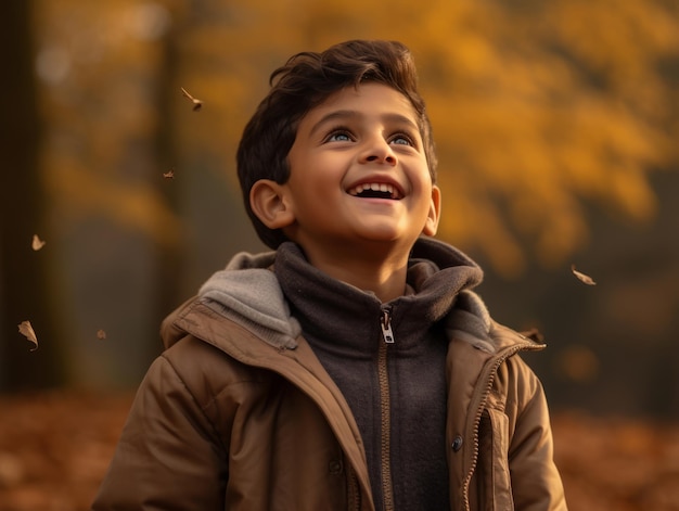 Indian kid in playful emontional dynamic pose on autumn background