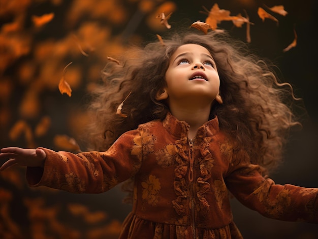 Indian kid in playful emontional dynamic pose on autumn background